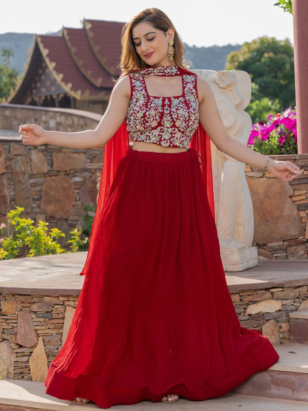 

HOUSE OF JAMOTI Embellished Sequinned Ready to Wear Lehenga Choli With Dupatta, Rust