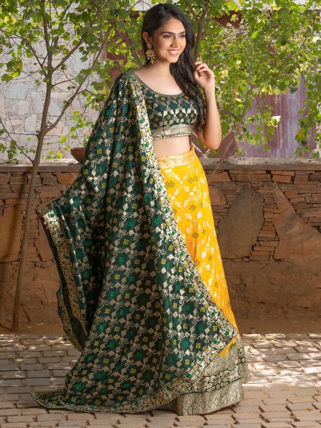 

HOUSE OF JAMOTI Printed Zari Ready to Wear Lehenga & Blouse With Dupatta, Green