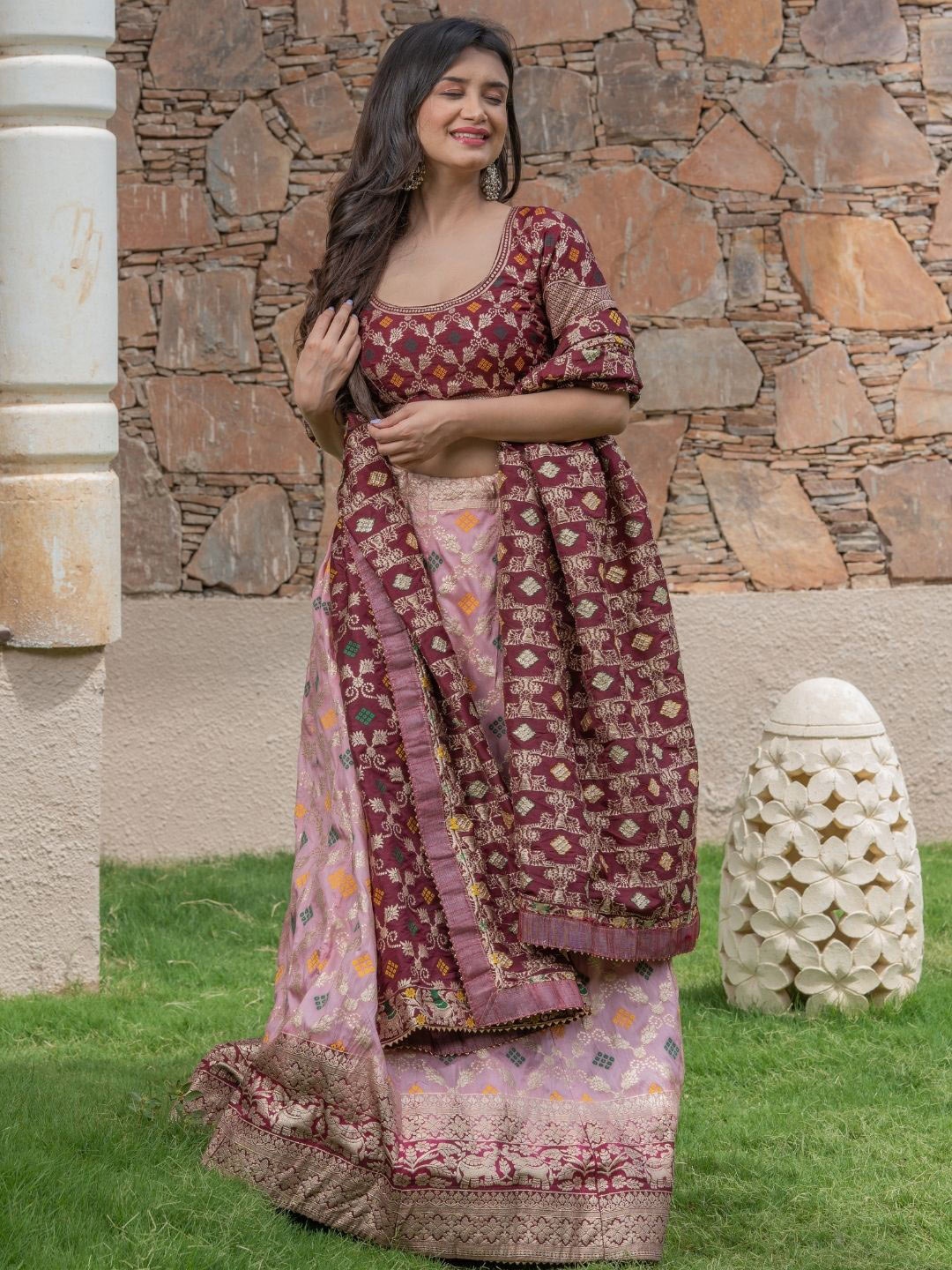 

HOUSE OF JAMOTI Printed Zari Ready to Wear Lehenga & Blouse With Dupatta, Maroon