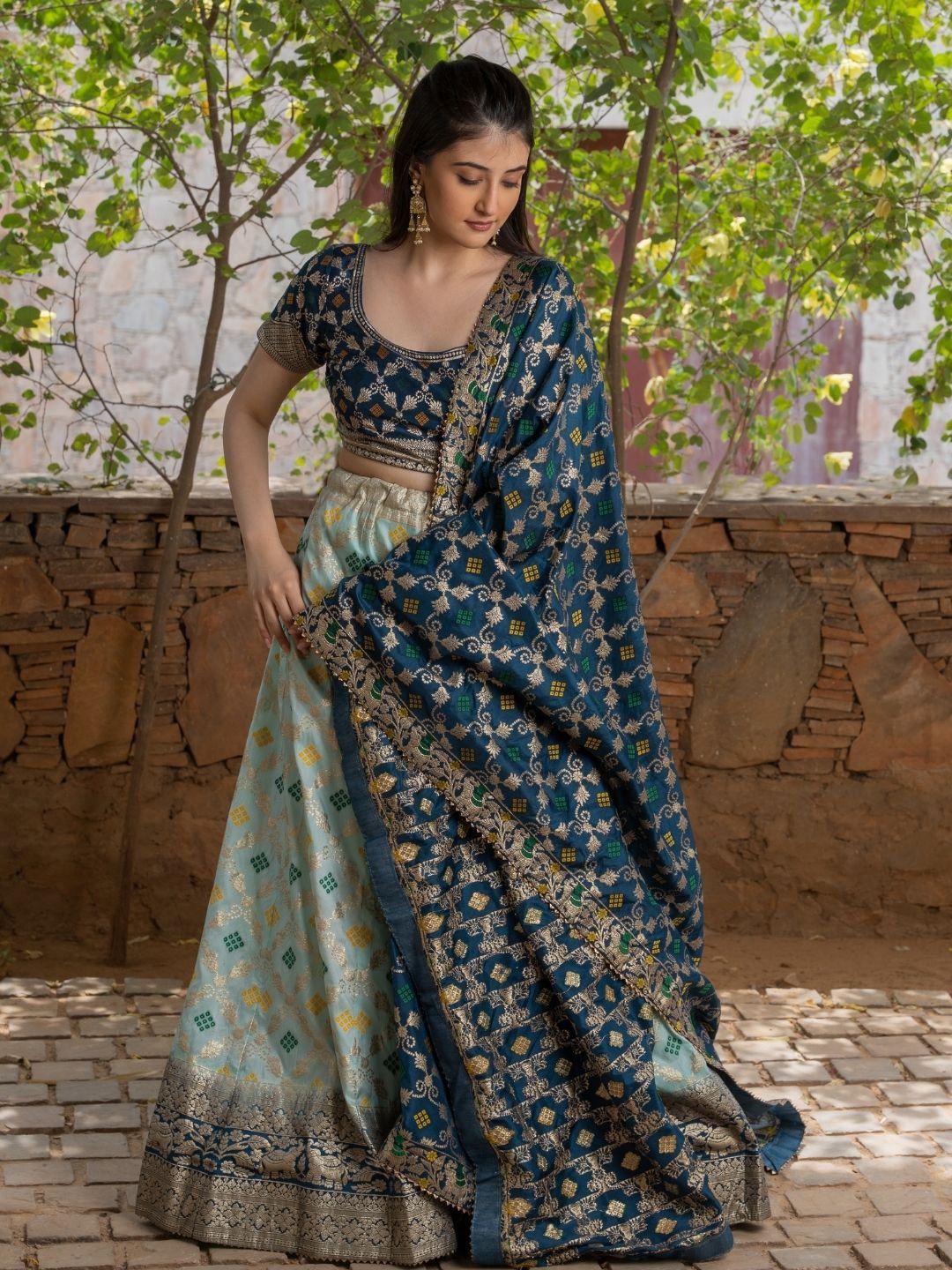 

HOUSE OF JAMOTI Printed Ready to Wear Silk Lehenga & Blouse With Dupatta, Blue