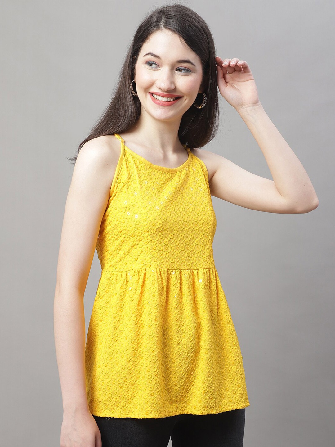 

JAINISH Chikankari Sequinned Empire Top, Yellow