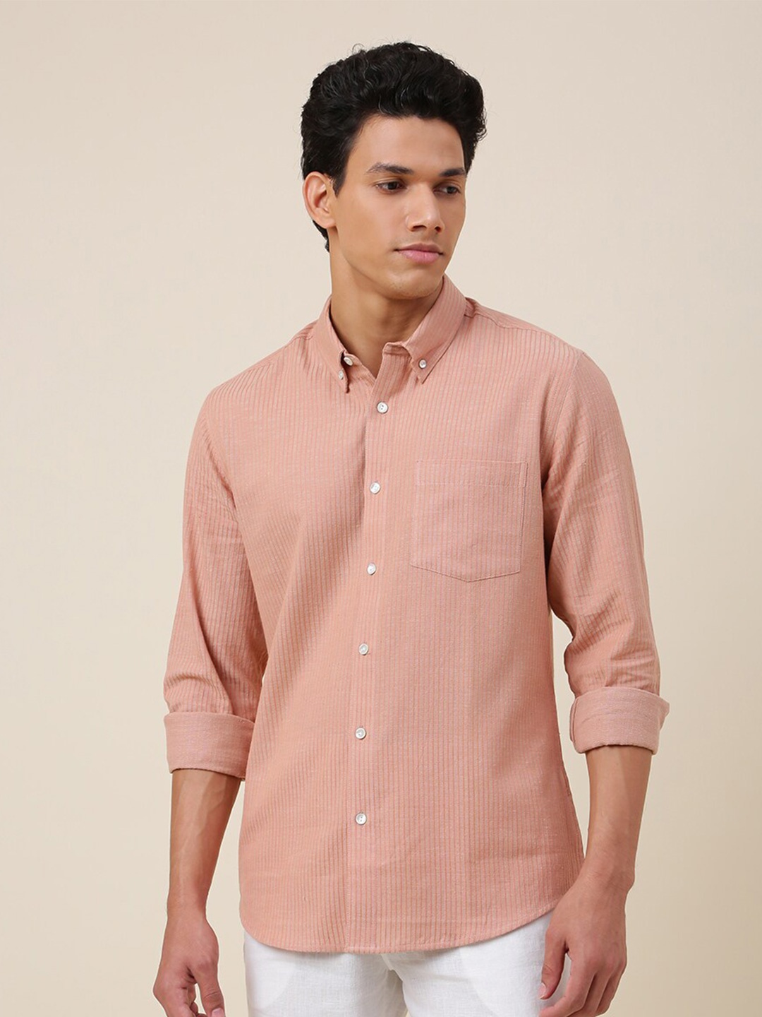 

Fabindia Slim Fit Striped Button-Down Collar Cotton Casual Shirt, Pink
