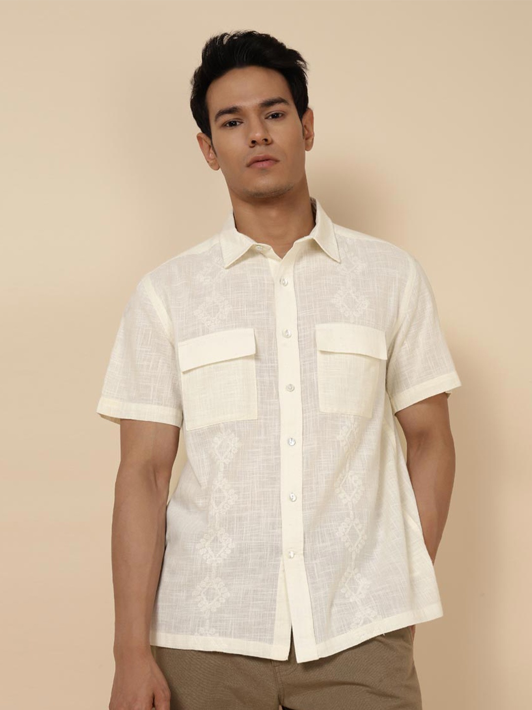 

Fabindia Embroidered Short Sleeve Cotton Party Shirt, Off white