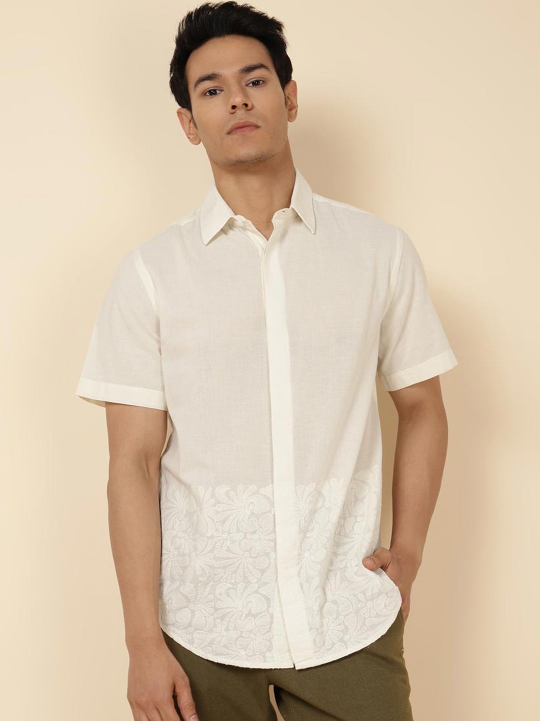 

Fabindia Embroidered Slim Fit Cotton Party Shirt, Off white