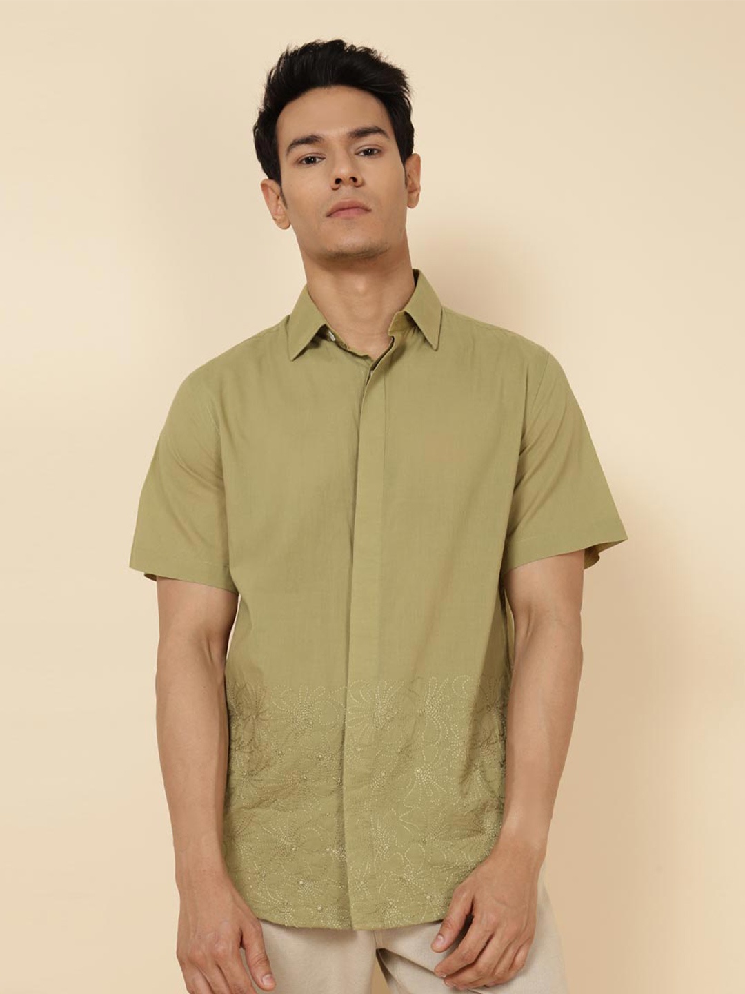 

Fabindia Slim Fit Short Sleeve Cotton Party Shirt, Green