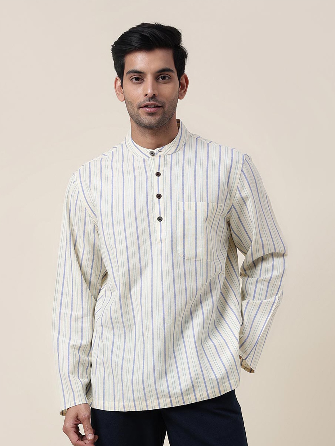 

Fabindia Striped Band Collar Cotton Casual Shirt, Off white
