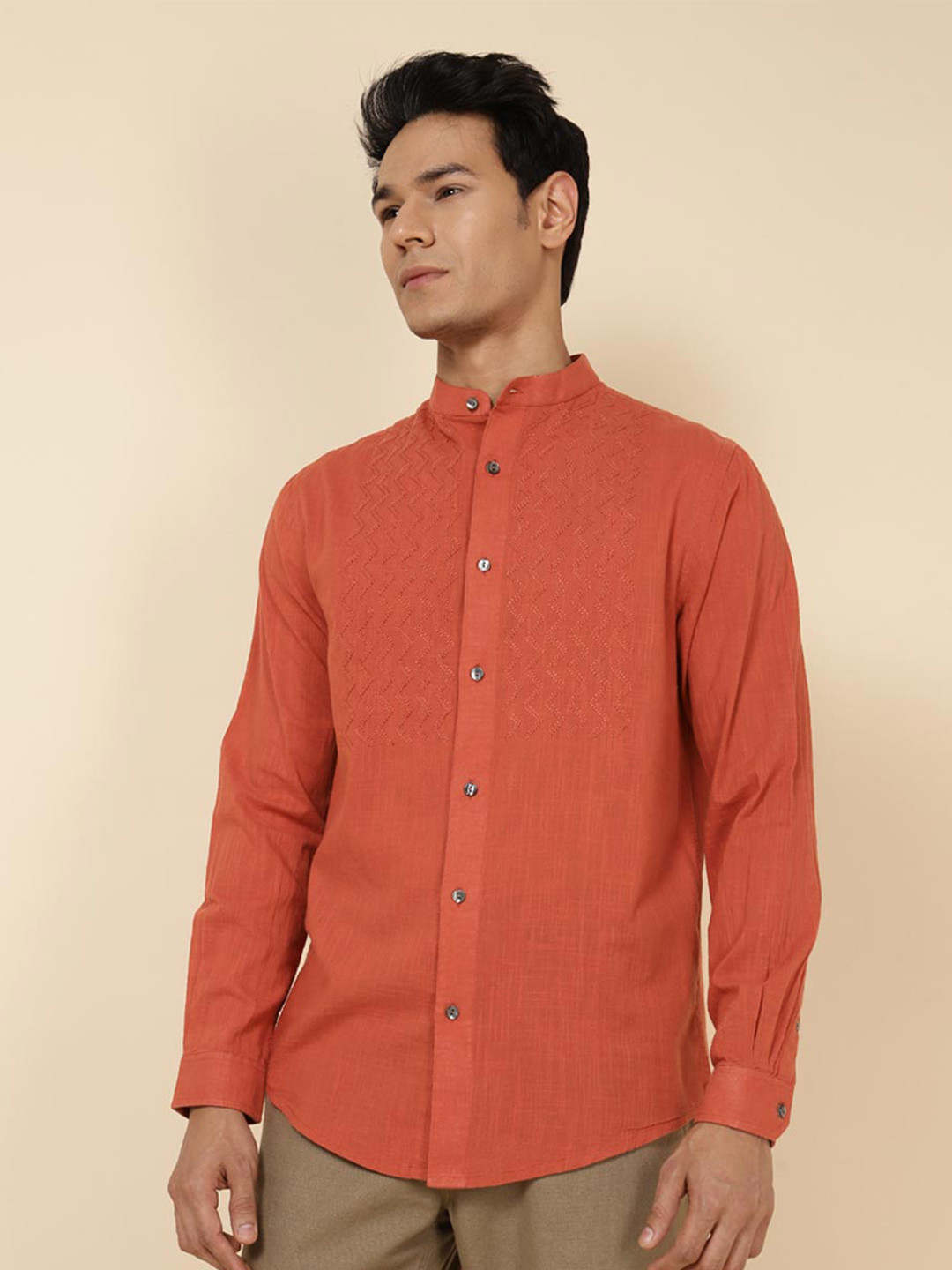 

Fabindia Embroidered Slim Fit Cotton Party Shirt, Rust