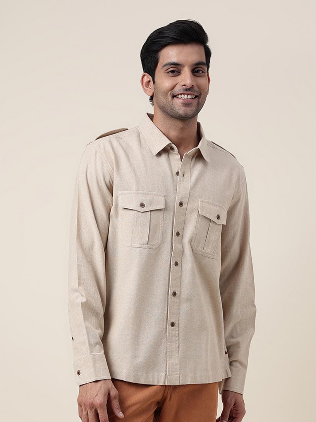 

Fabindia Spread Collar Long Sleeve Cotton Casual Shirt, Beige