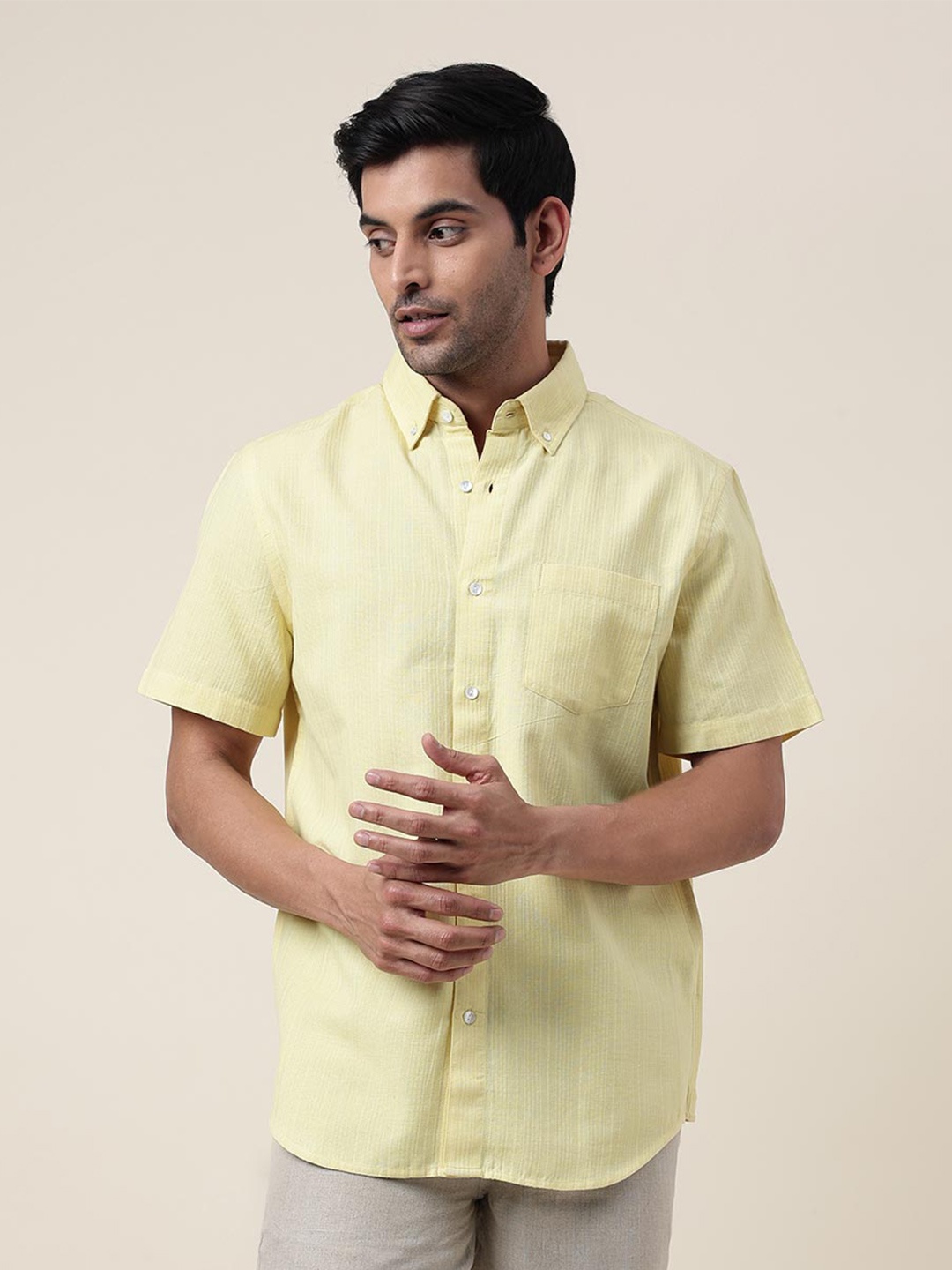 

Fabindia Button-Down Collar Slim Fit Cotton Casual Shirt, Yellow