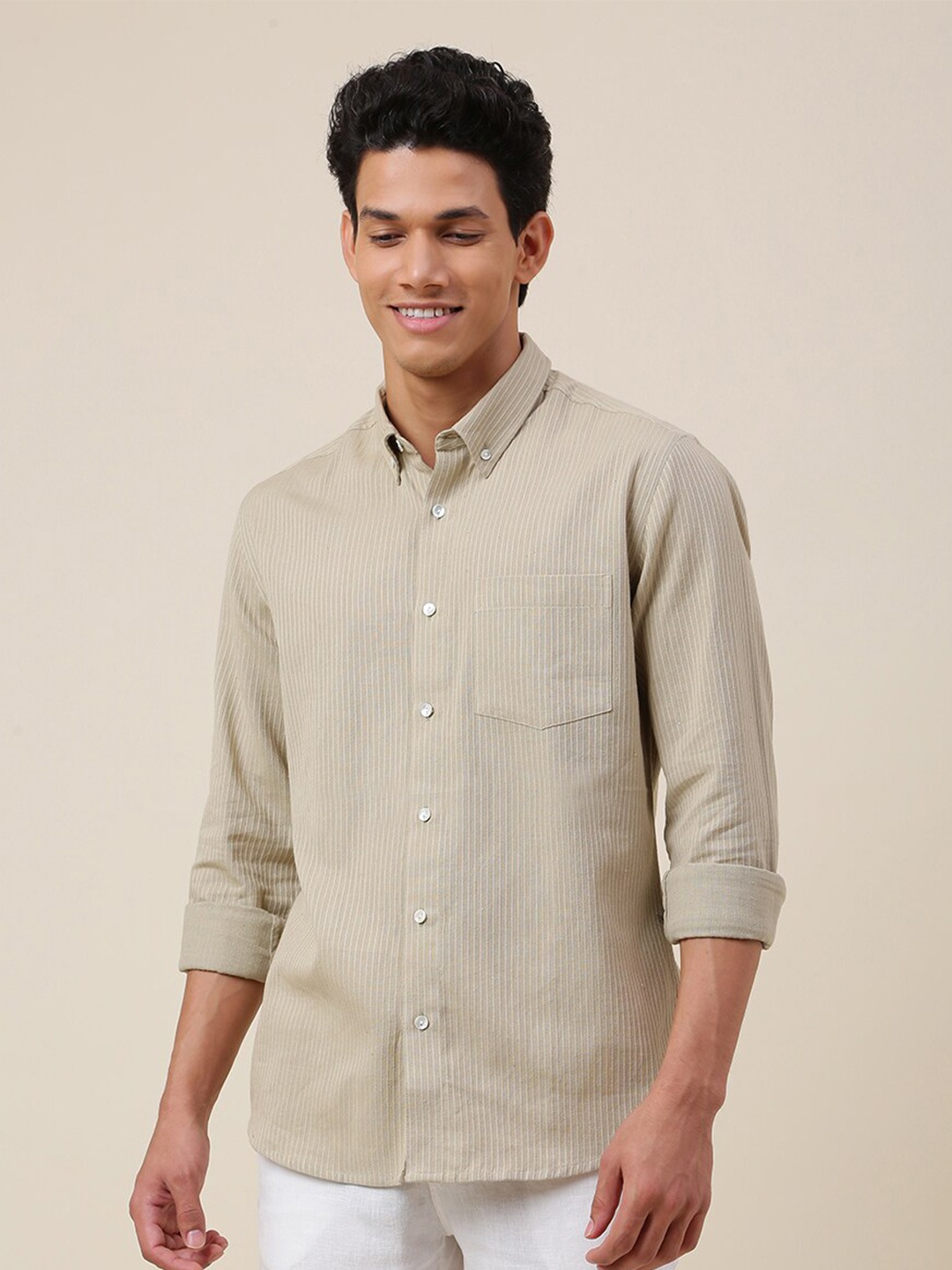 

Fabindia Striped Button-Down Collar Slim Fit Cotton Casual Shirt, Taupe