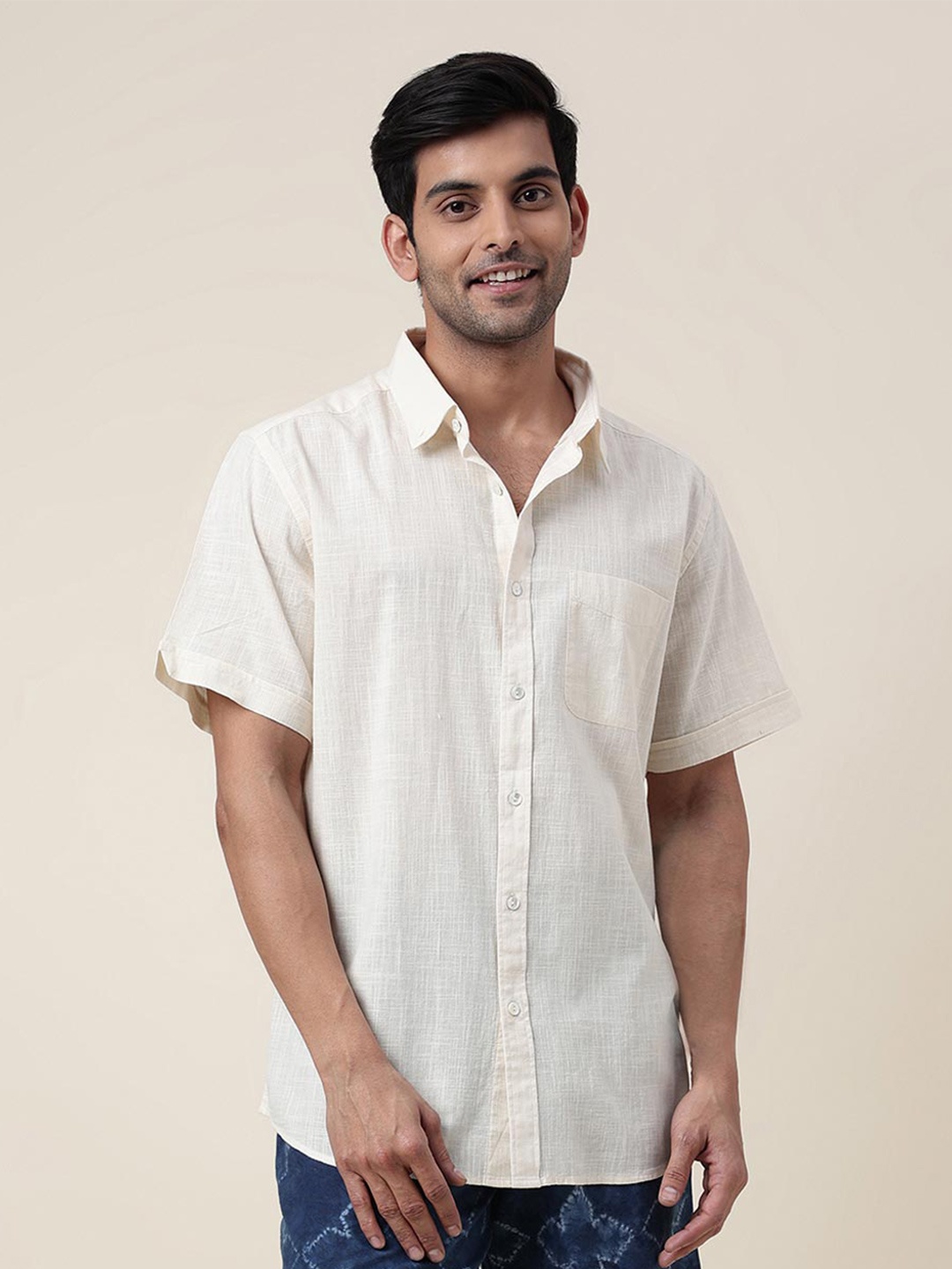 

Fabindia Spread Collar Short Sleeve Cotton Casual Shirt, Beige