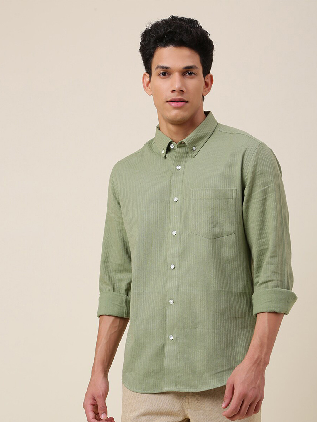 

Fabindia Striped Slim Fit Cotton Casual Shirt, Green