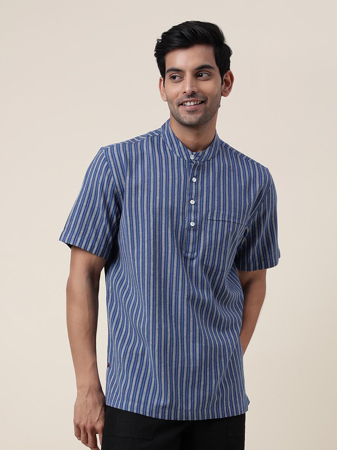 

Fabindia Striped Band Collar Cotton Casual Shirt, Navy blue