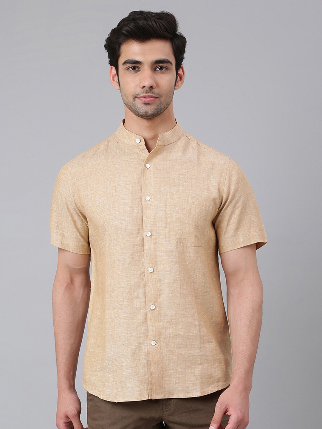 

Fabindia Slim Fit Mandarin Collar Linen Casual Shirt, Beige