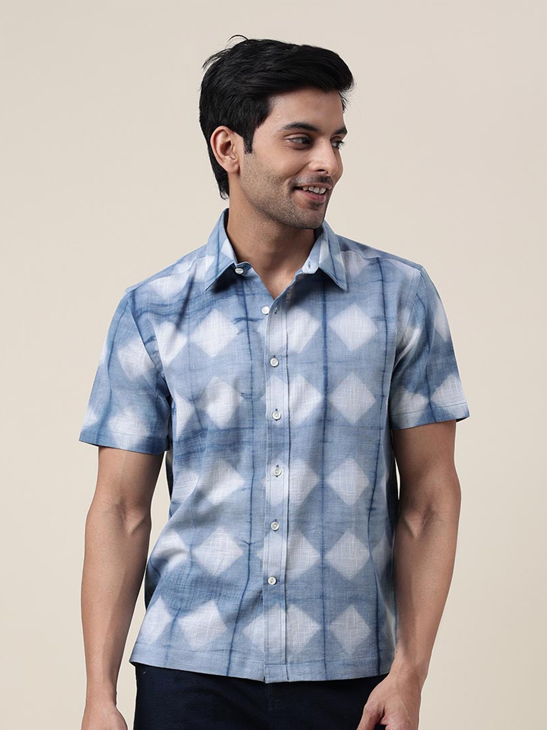 

Fabindia Tie & Dye Short Sleeve Cotton Party Shirt, Blue