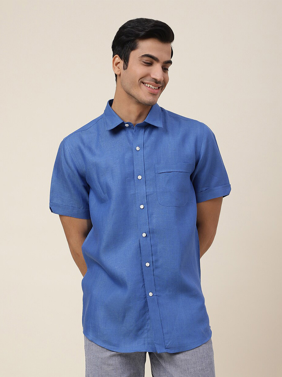 

Fabindia Spread Collar Short Sleeve Linen Casual Shirt, Blue