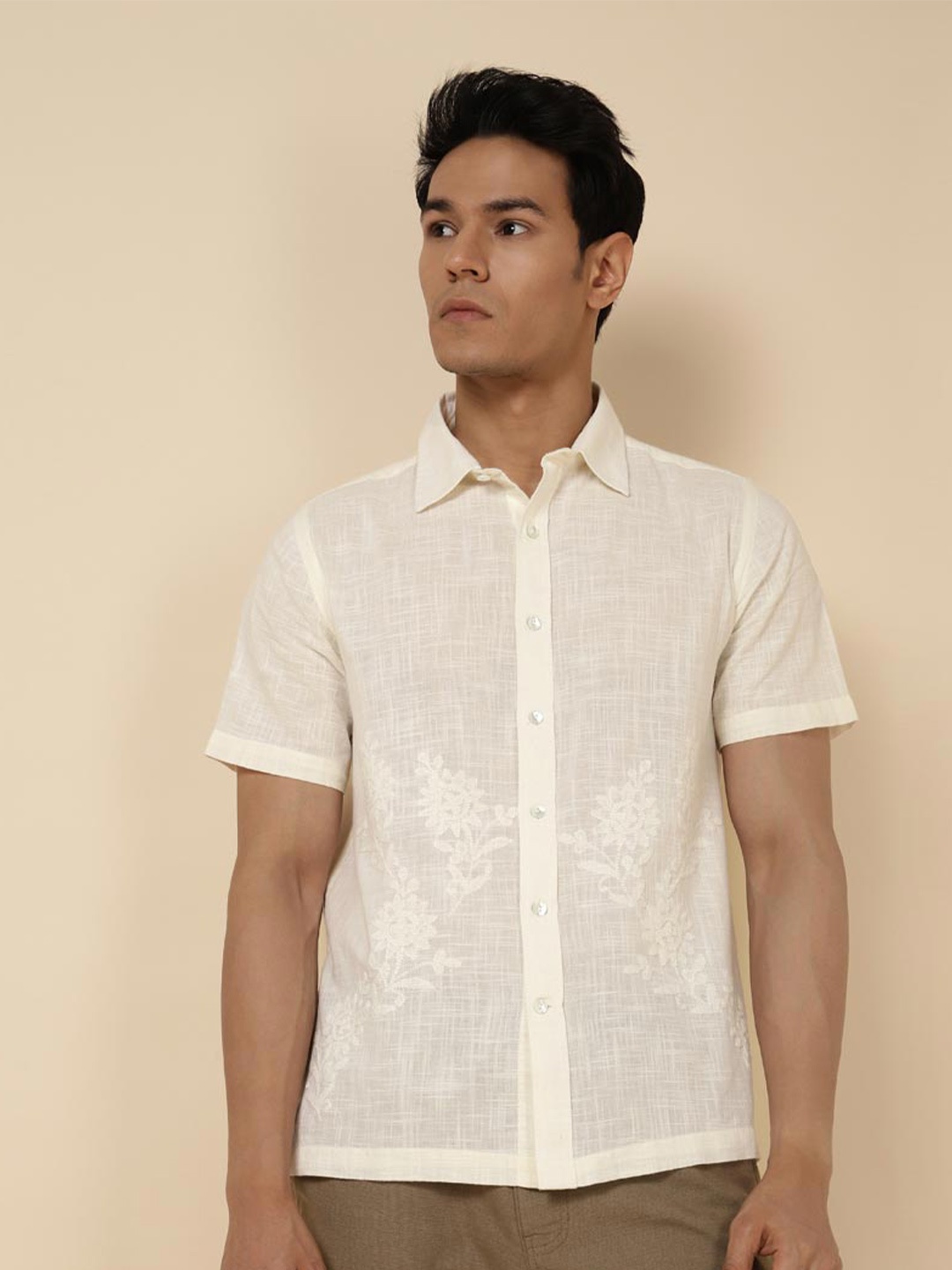 

Fabindia Embroidered Short Sleeve Party Shirt, Off white