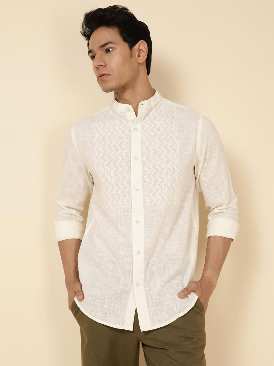 

Fabindia Embroidered Slim Fit Cotton Party Shirt, Off white