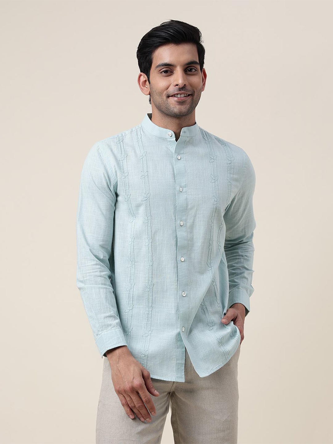 

Fabindia Embroidered Slim Fit Cotton Party Shirt, Blue
