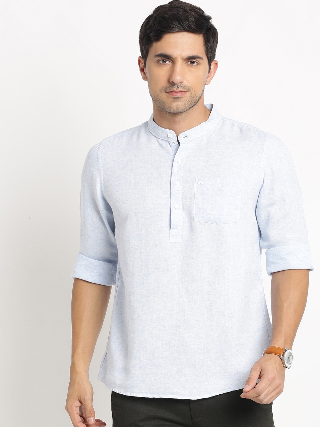 

Turtle Chest Pocket Band Collar Straight Cotton Kurta, Blue