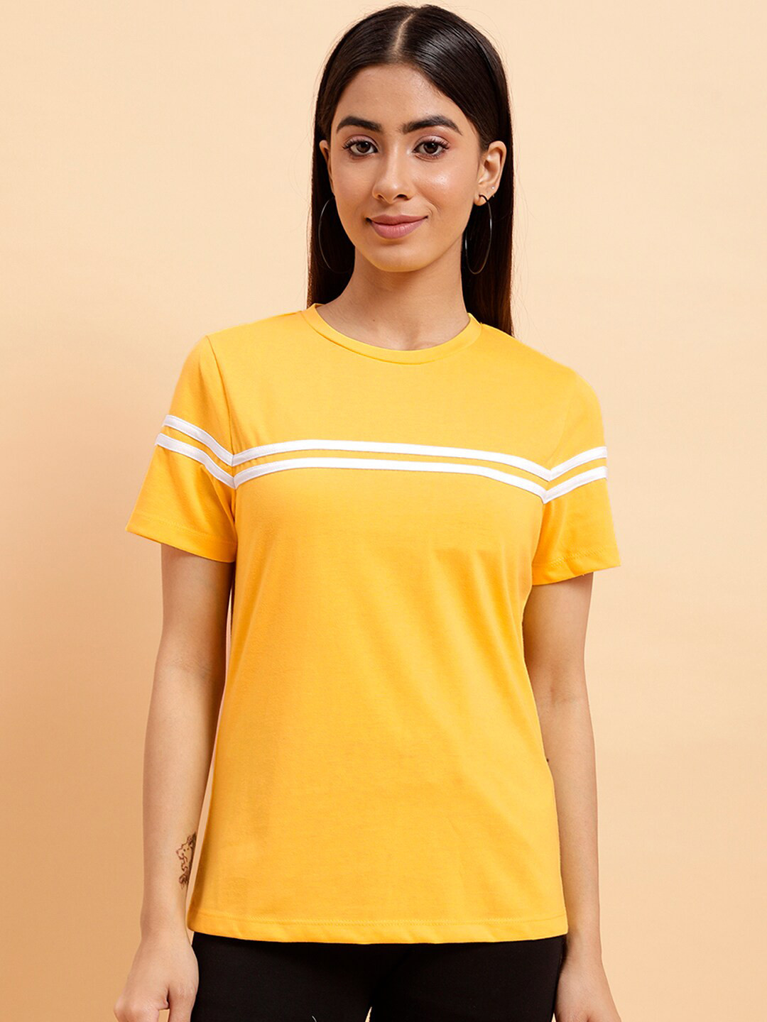 

MINT STREET Striped Round Neck Pure Cotton T-shirt, Yellow