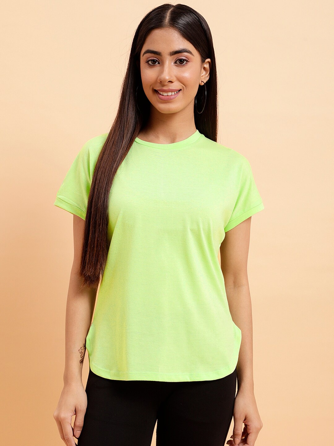 

MINT STREET Round Neck Extended Sleeve Pure Cotton T-shirt, Green