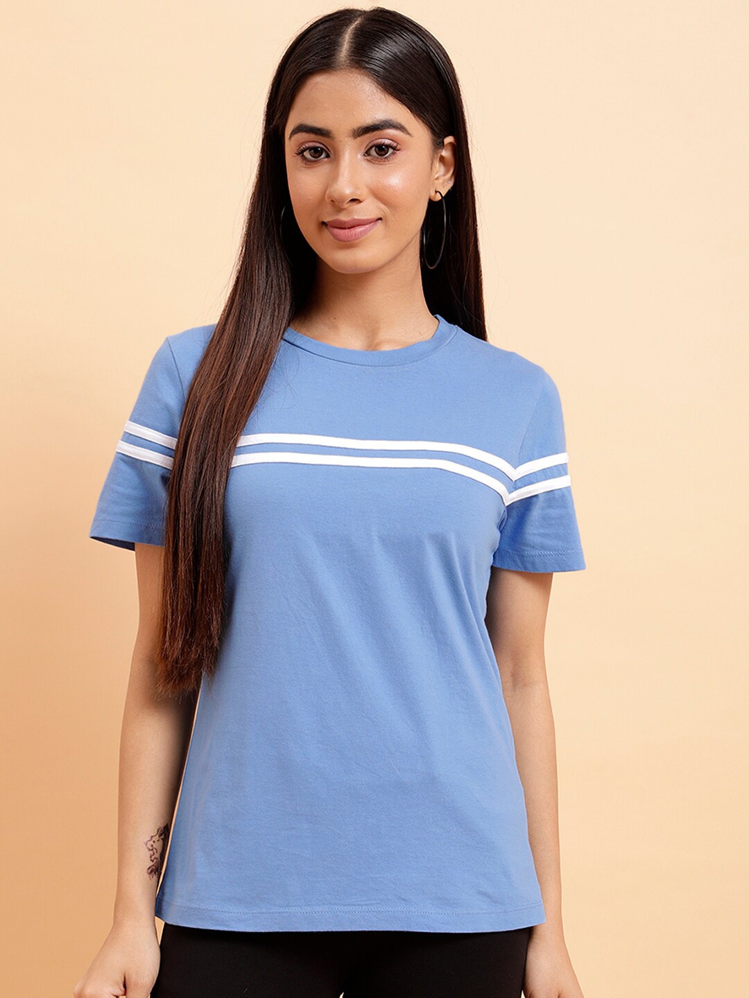 

MINT STREET Striped Round Neck Pure Cotton T-shirt, Blue