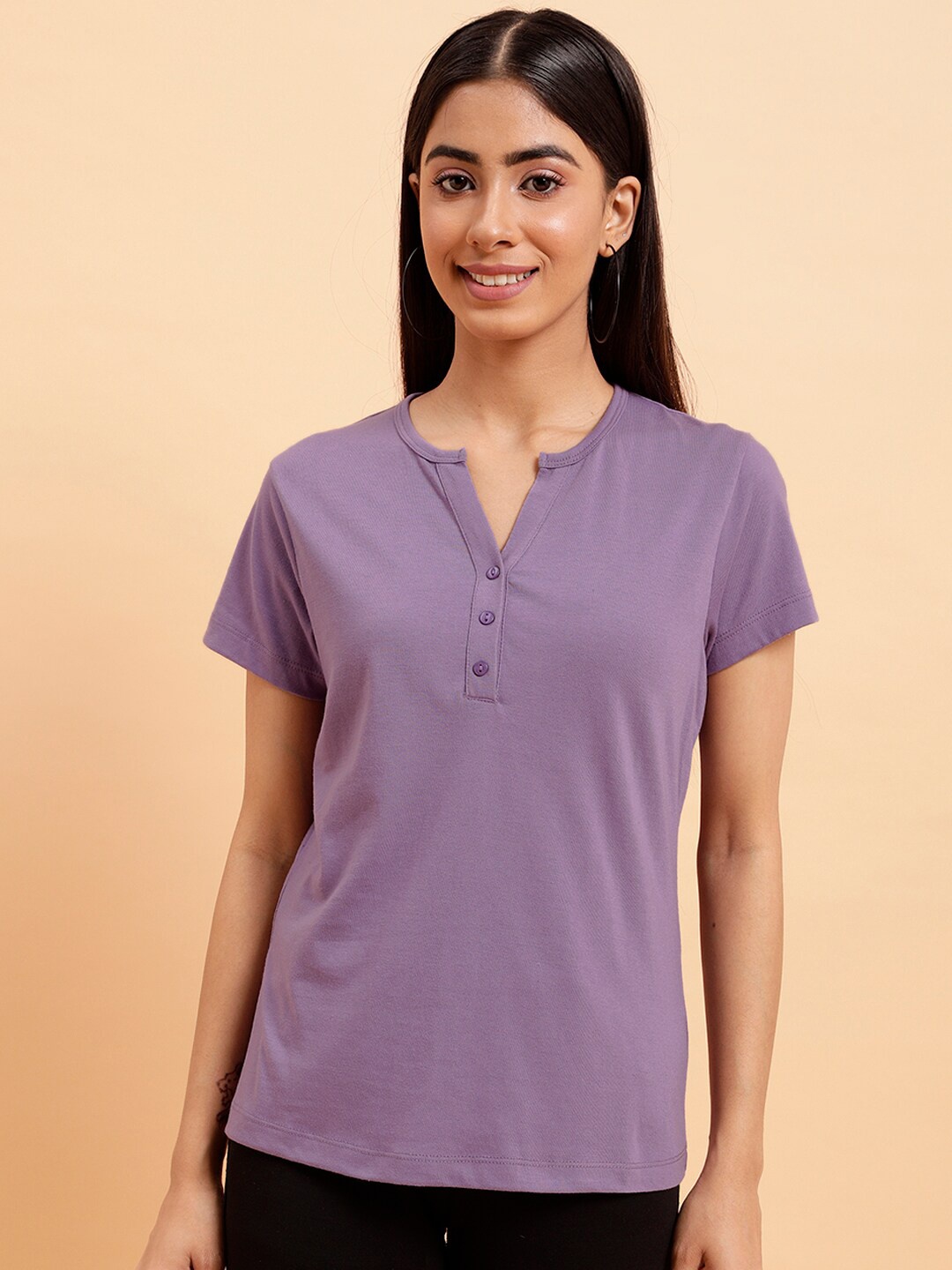 

MINT STREET Henley Neck Pure Cotton T-shirt, Purple