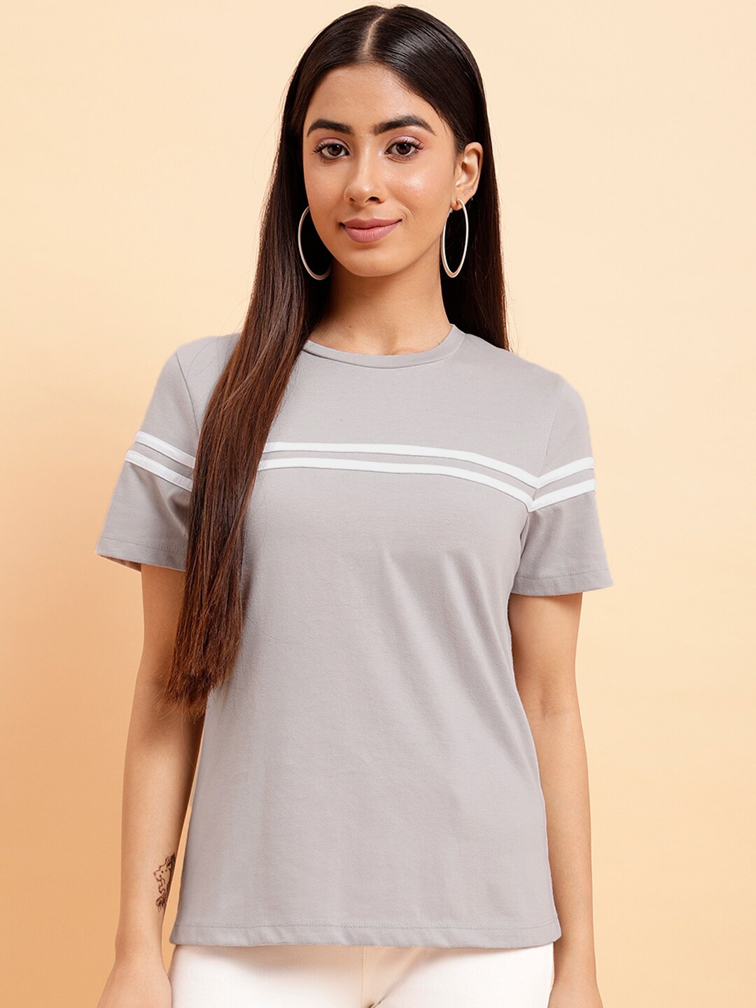 

MINT STREET Striped Round Neck Pure Cotton T-shirt, Grey