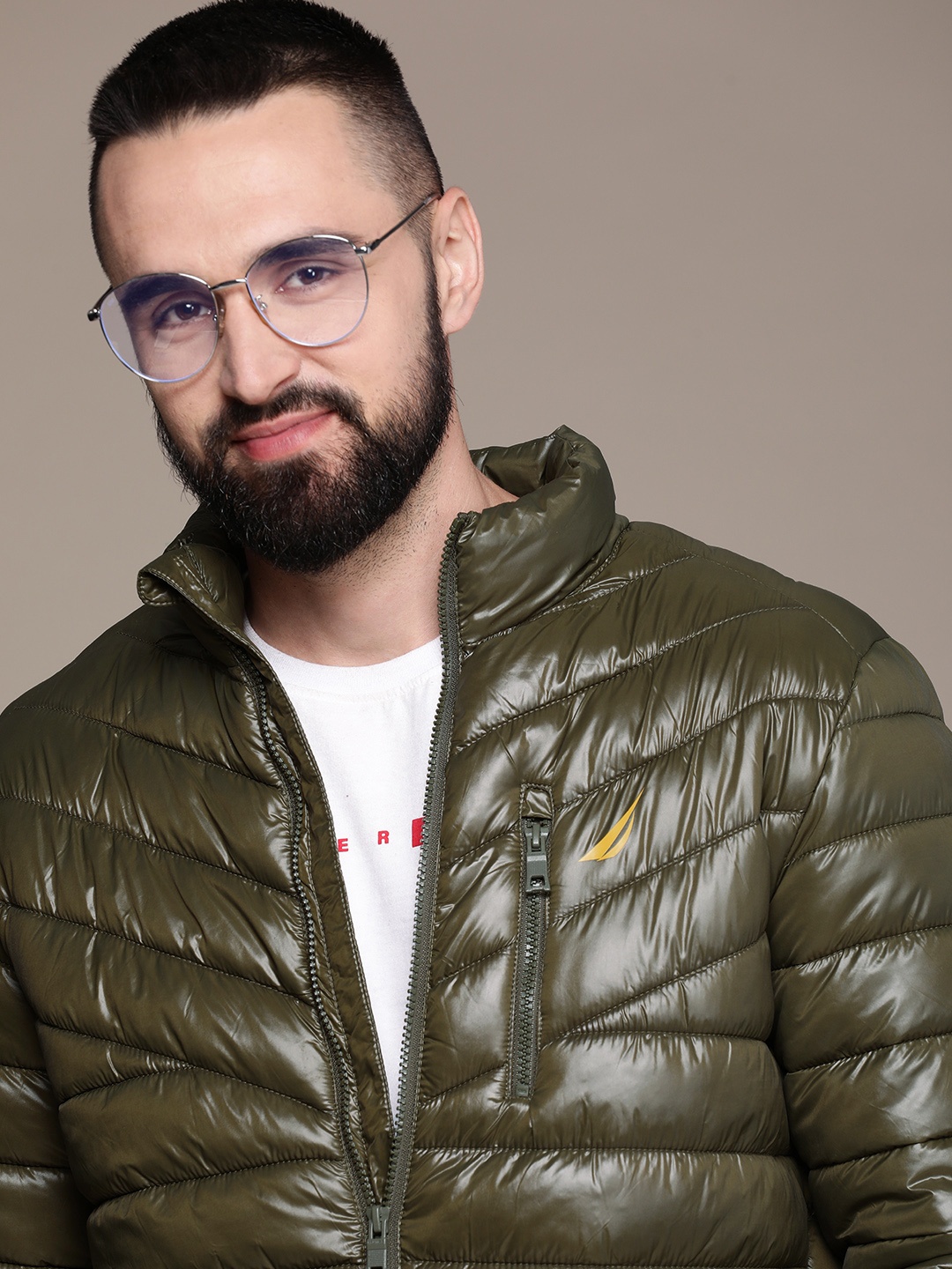 

Nautica Mock Collar Padded Jacket With Packable Pouch, Olive