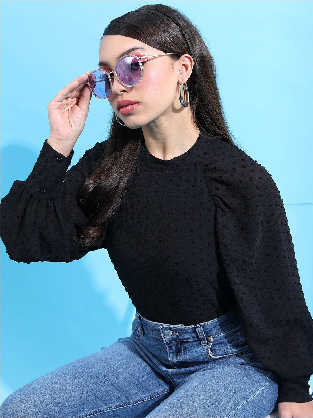 

Tokyo Talkies Self Design Cotton Puff Sleeves Top, Black