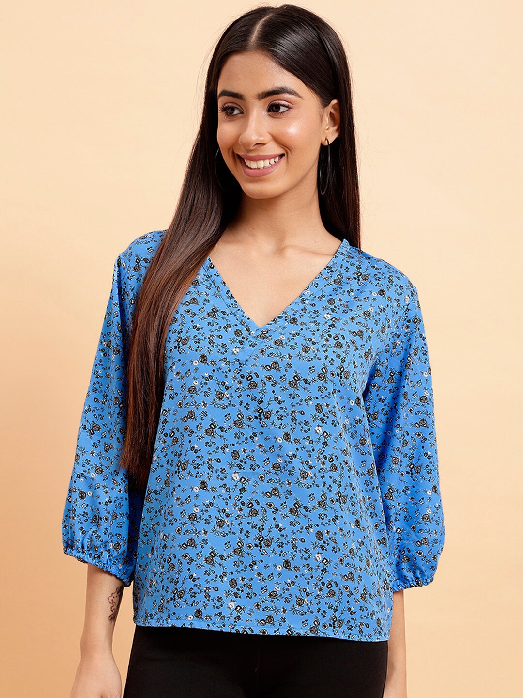 

MINT STREET Floral Print Puff Sleeve Crepe Top, Blue