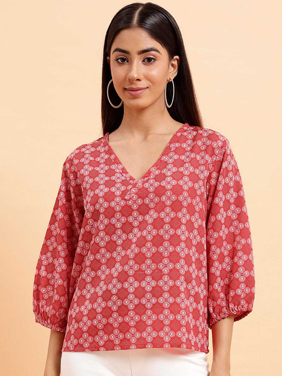

MINT STREET Printed Puff Sleeve Crepe Regular Top, Red