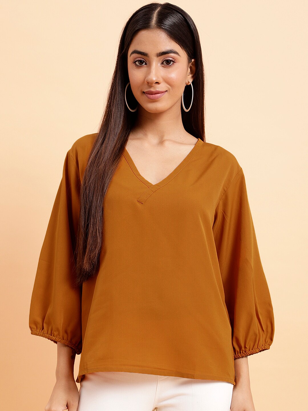 

MINT STREET Puff Sleeve Crepe Regular Top, Brown