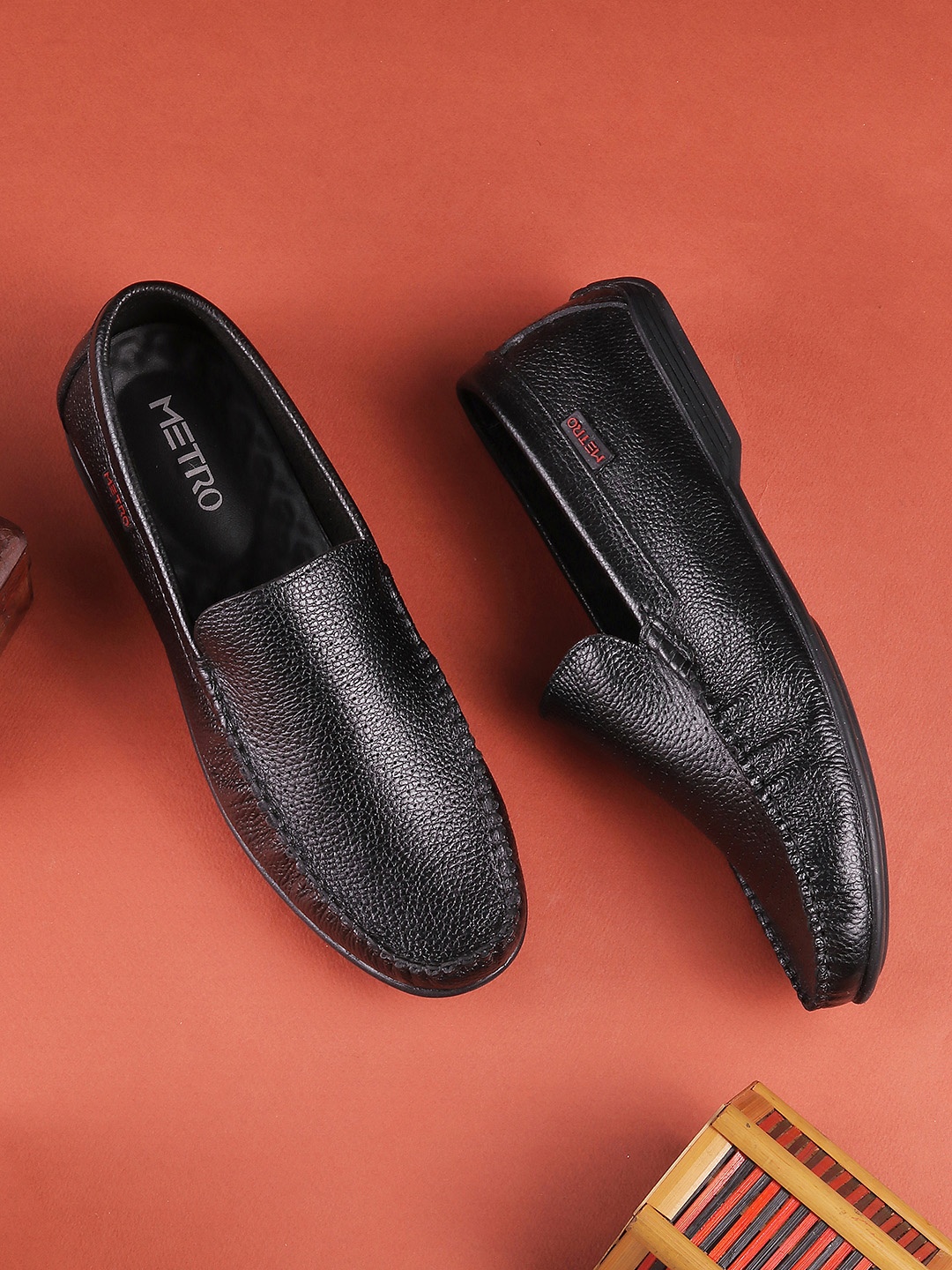 

Metro Men Textured Perforated Leather Loafers, Black