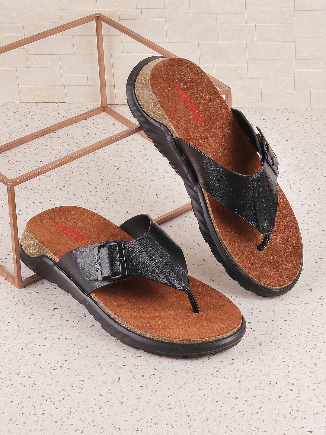 

Metro Men Open Toe Comfort Sandals With Buckles, Black