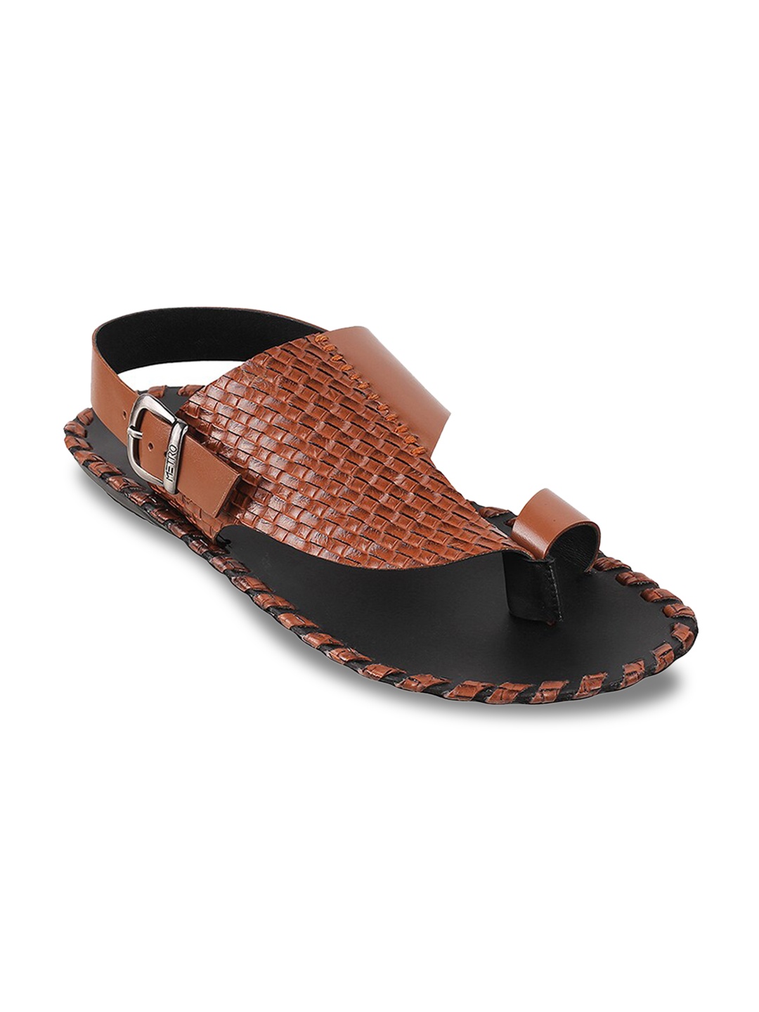 

Metro Men Textured One Toe Leather Comfort Sandals With Buckles, Tan