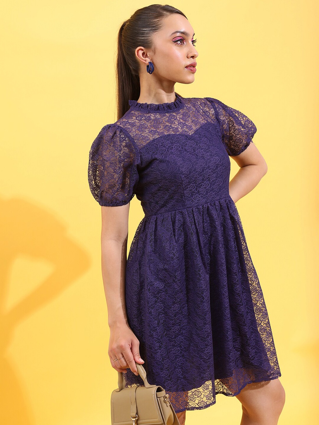 

KETCH Self Design Puff Sleeves Lace Fit & Flare Dress, Navy blue