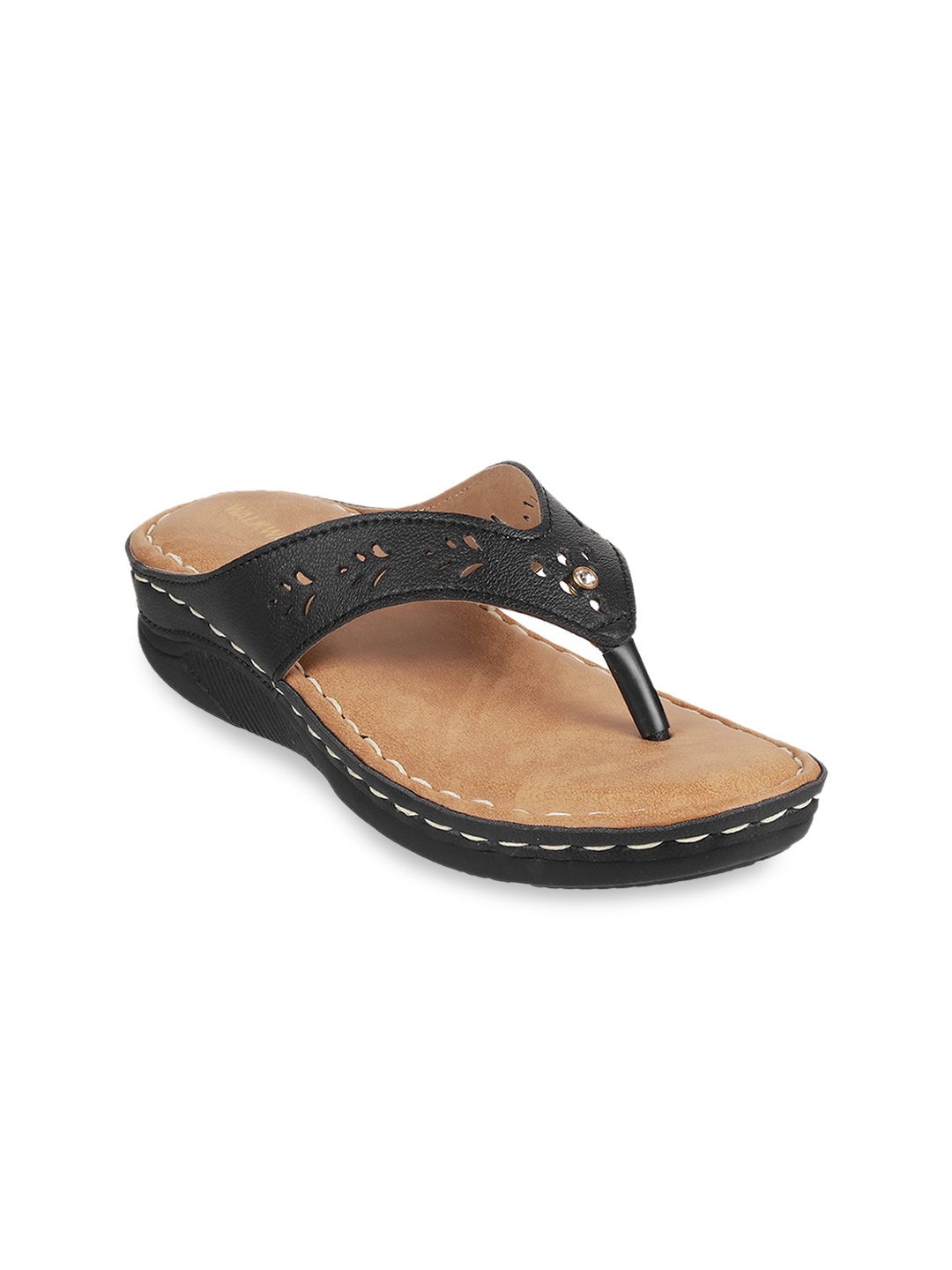

WALKWAY by Metro Women Textured Open Toe Flats With Laser Cuts, Black