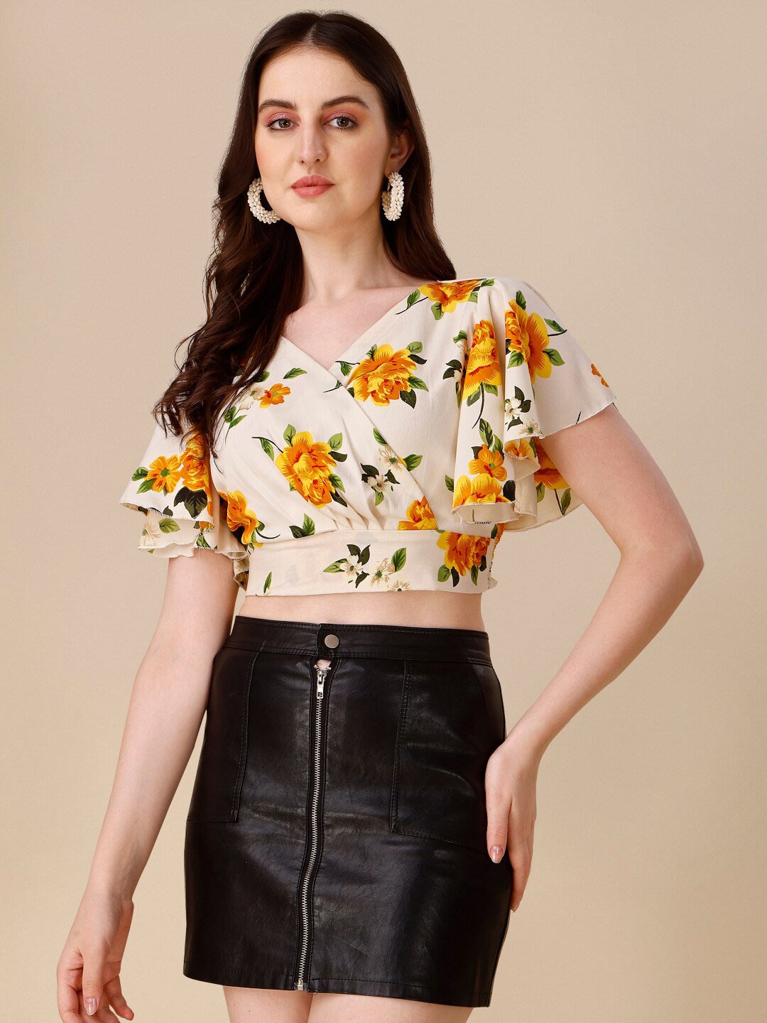 

SHEETAL Associates Floral Print Flutter Sleeve Crepe Wrap Crop Top, Off white