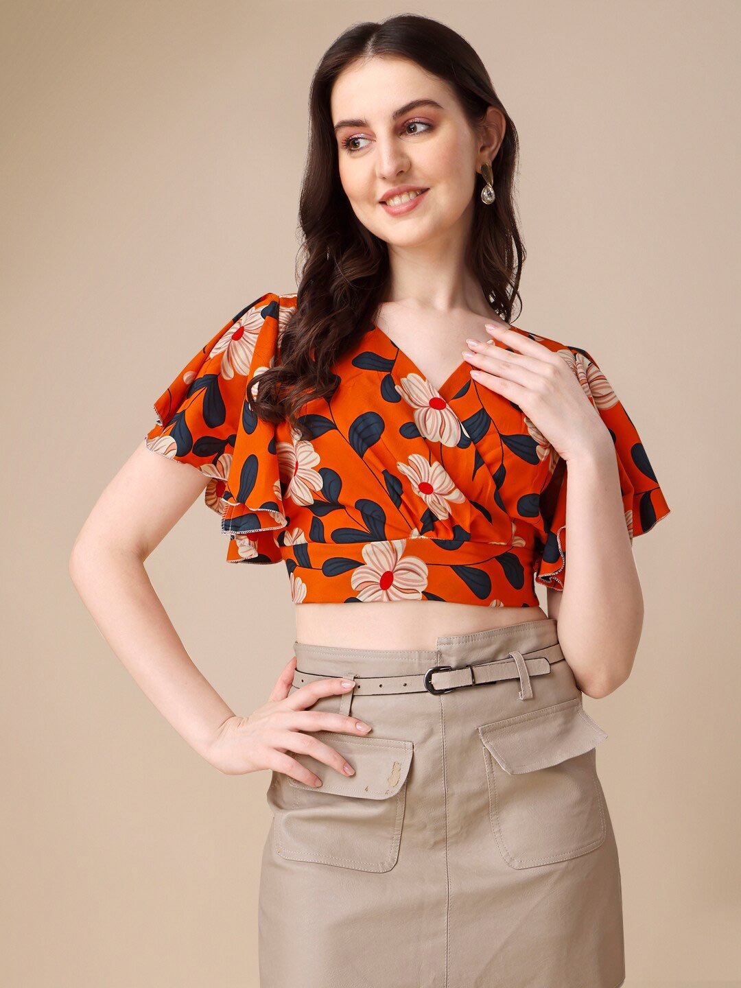 

SHEETAL Associates Floral Print Flutter Sleeved Crepe Wrap Crop Top, Orange