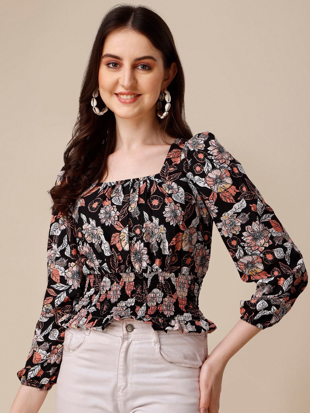 

SHEETAL Associates Floral Print Smocked Crepe Cinched Waist Top, Black