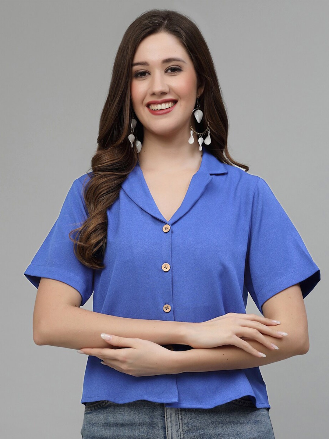 

Wool Trees Lapel Collar Short Sleeves Casual Shirt, Blue