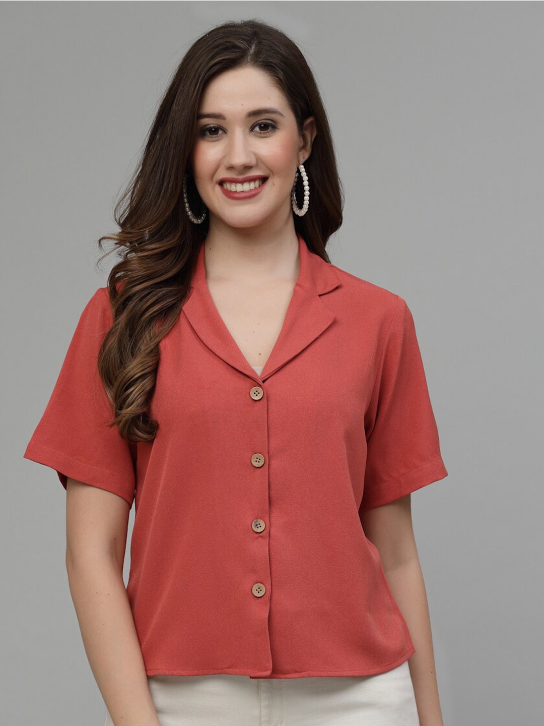 

Wool Trees Lapel Collar Short Sleeves Casual Shirt, Rust
