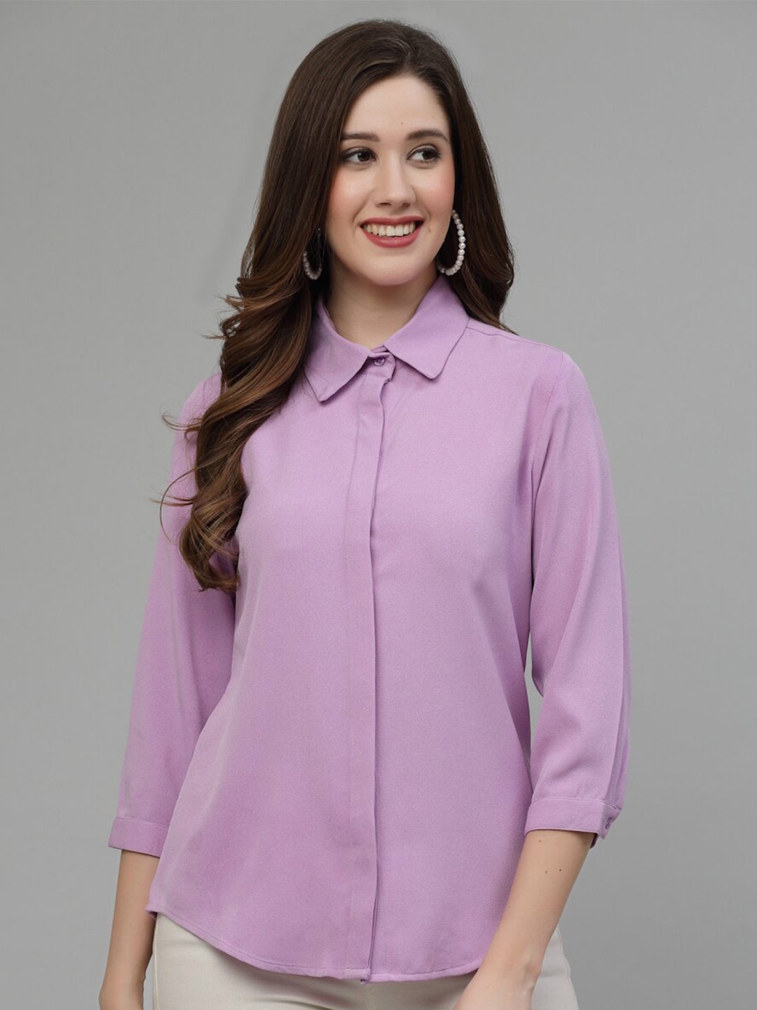 

Wool Trees Spread Collar Three-Quarter Sleeves Casual Shirt, Purple