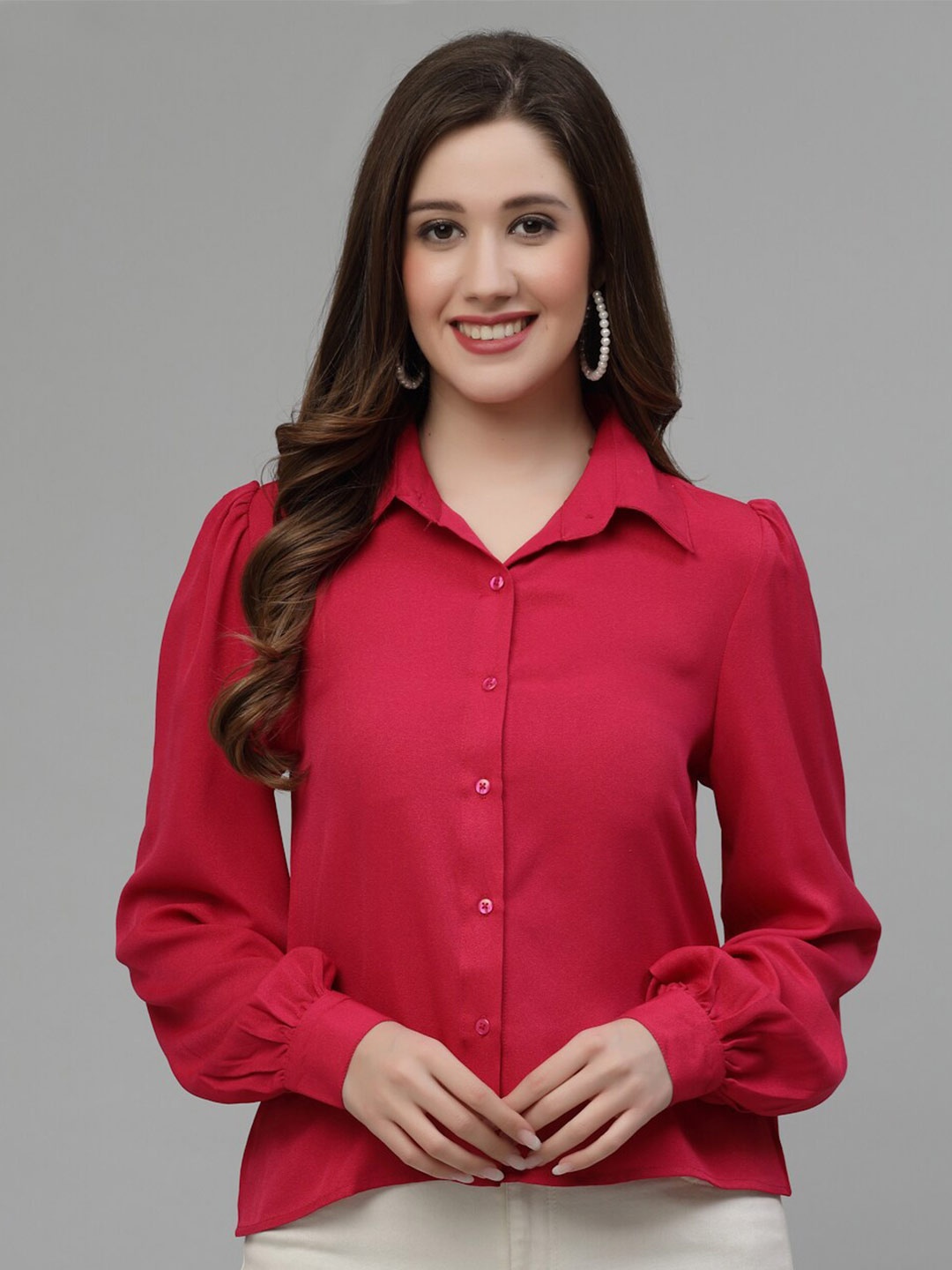 

Wool Trees Spread Collar Puffed Sleeves Casual Shirt, Red
