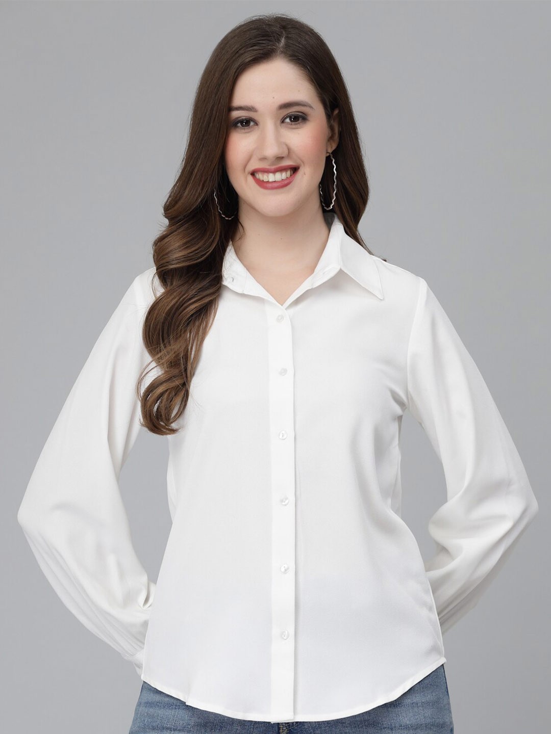 

Wool Trees Spread Collar Puffed Sleeves Casual Shirt, White