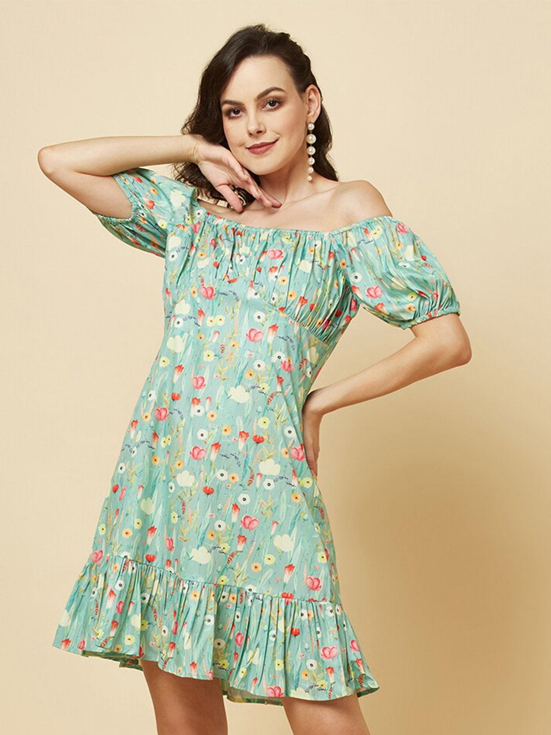 

RAASSIO Floral Printed Off- Shoulder Puff Sleeves A-Line Dress, Green