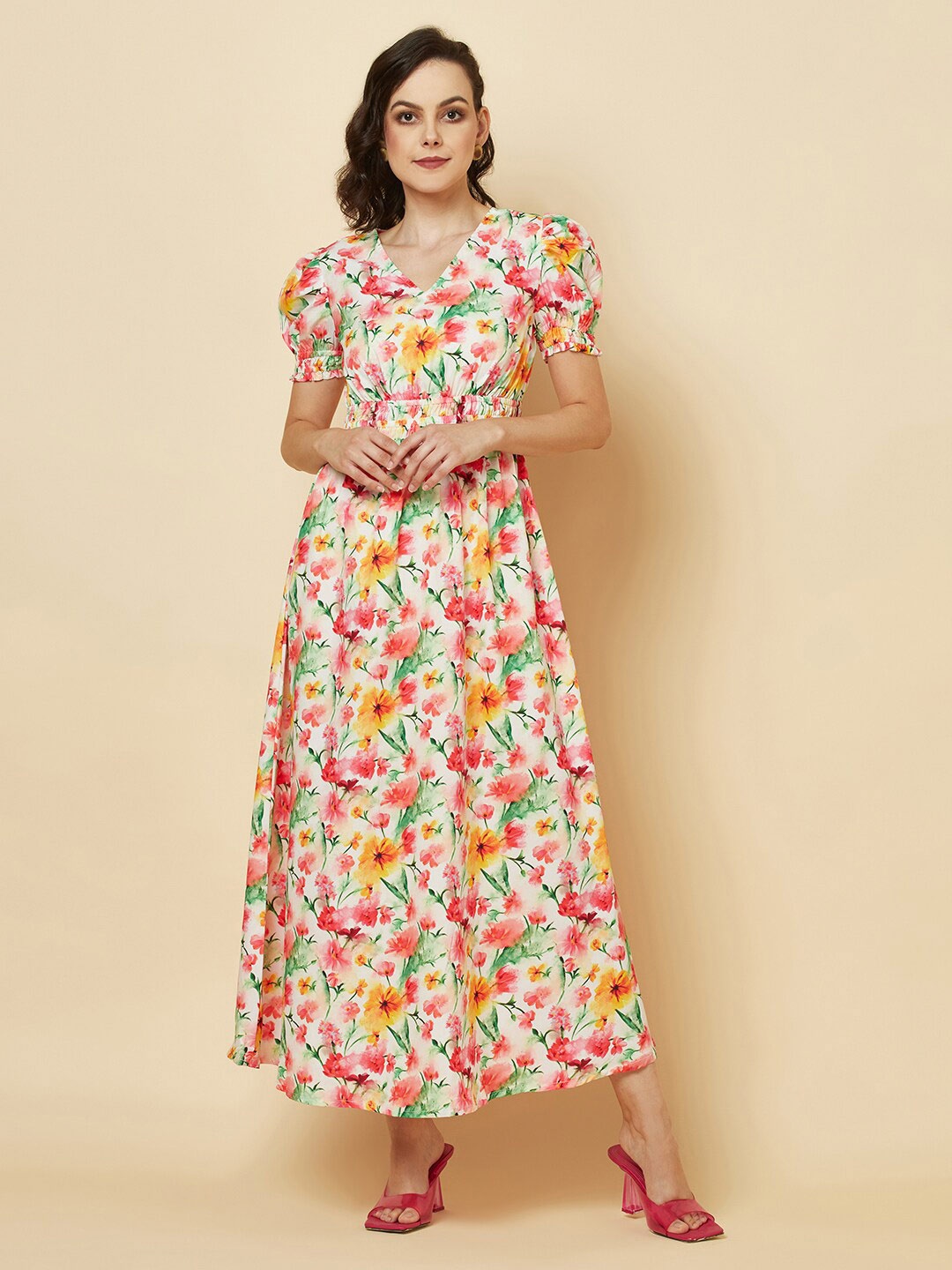 

RAASSIO Floral Printed Puff Sleeves Fit & Flare Maxi Dress, White