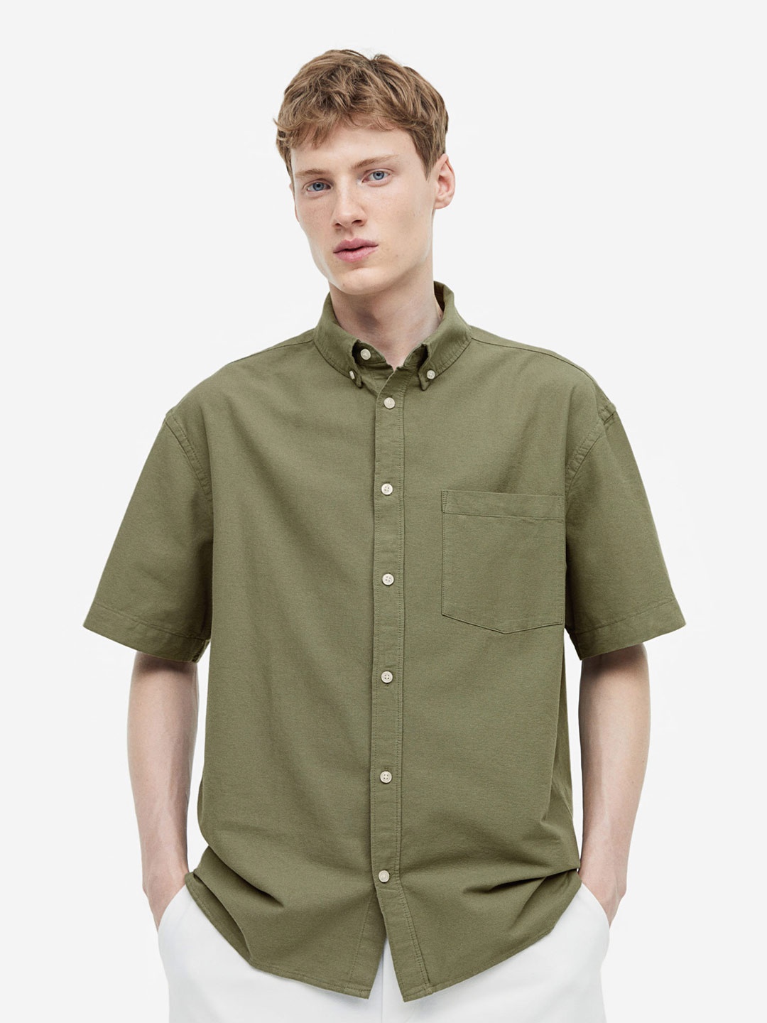 

H&M Relaxed Fit Short-Sleeved Pure Cotton Oxford Shirt, Green